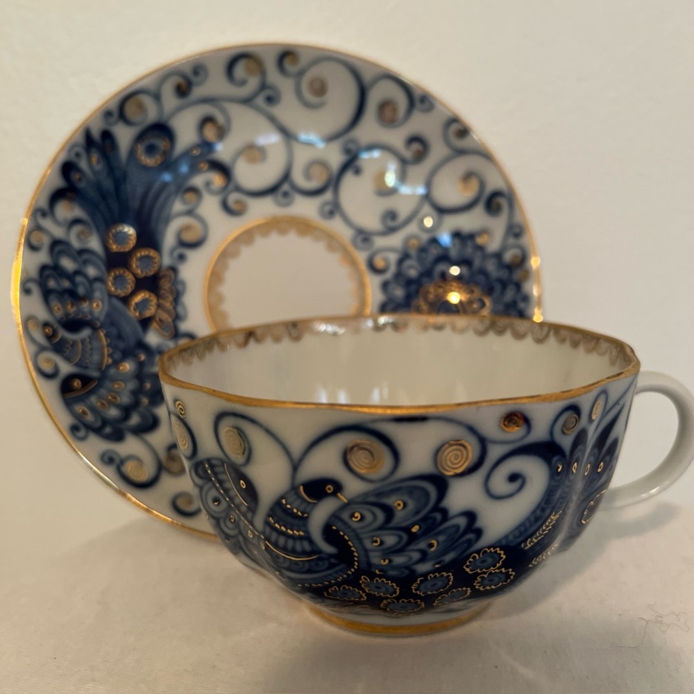 USSR Lomonosov Imperial Porcelain Tea Cup Saucer Magic Fire Bird  22K Gold